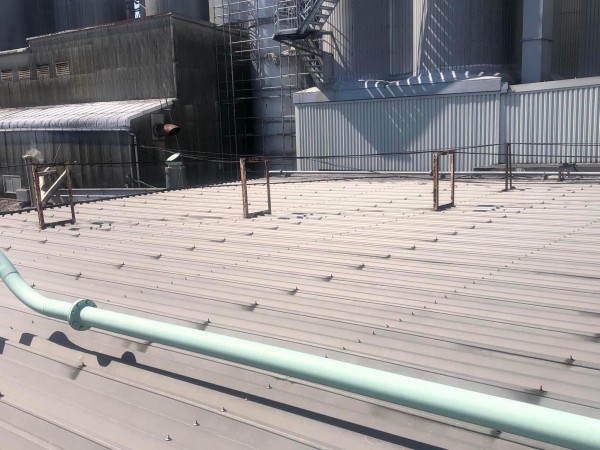 折板屋根塗装　熊本県八代市　弱溶剤２液型シリコンシルバー仕上げ